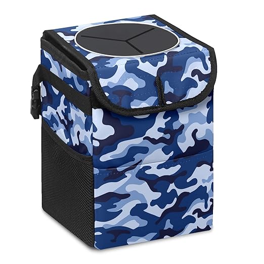 Car Trash Can Blue Geo Camo Camouflage Wate-rproof Auto Garbage Bag Car Trash Can with Lid Leak-Proof Car Storage Bag Hanging for Headrest Collapsible and Portable with Storage Mesh Pocket