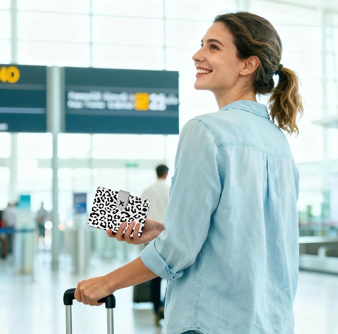 Passport Holder, Travel Wallet Cover with Pen Loop | Cute RFID Blocking Leather Case with Magnetic Closure for Travel Essentials-Leopard
