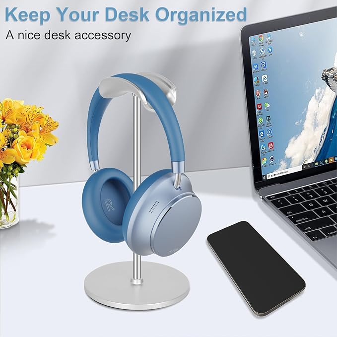 T-fun Headphone Stand, Curved Headset Stand with Aluminum Rod ABS Solid Base Gaming Headset Holder for Desk Headphone Accessories for Organization and Display, Silver