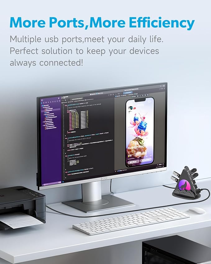 USB Hub 3.0, 7-Port USB Hub with RGB Night Light and Base, Vertical USB a Splitter for Desktop,Laptop, MacBook, Xbox, PS4/5, Game Console, Flash Drive, XPS, PC, Printer, Camera, Keyboard