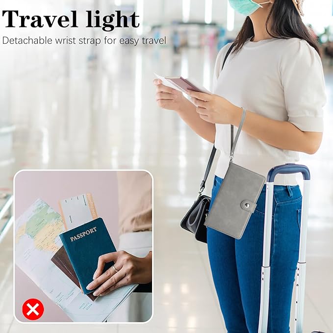 Passport Holder for Travel Essentials, RFID Blocking PU Leather Wallet Cover with Wristlet Strap Magnetic Closure Passport Book Holders Case for Women and Men, Grey