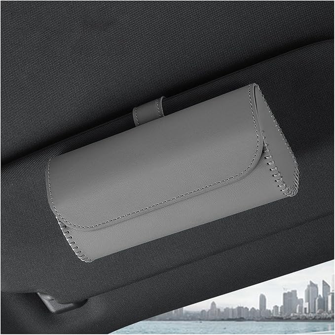 Augeny Sunglasses Holder for Car Sun Visor, Leather Auto Eyeglasses Storage Case with Hidden Magnetic Closure, Protective Glasses Organizer Box, Vehicle Visor Accessories for Woman Man (Gray)