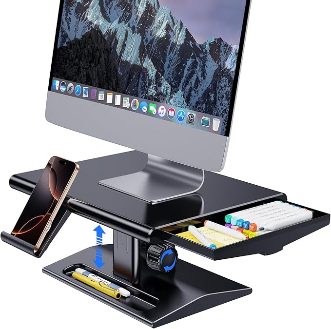 Computer Monitor Stand Riser for Desk,5.7-6.5 Inches Height Adjustable with Storage Drawer & Phone Holder,Workspace Desktop Organizer Monitor Stands Risers Shelf for Computer,Laptop,Printer,TV