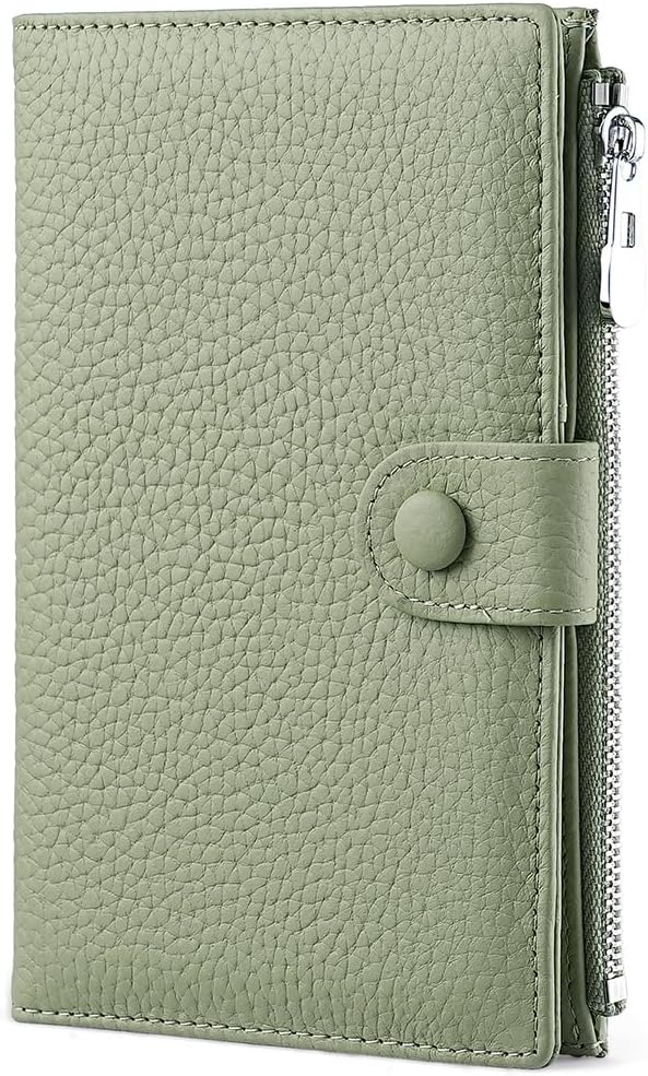 Genuine Leather Passport Holder for Women, RFID Blocking Compact Travel Wallet with Card Slots, Zipper Coin Pocket and SIM Slots, Slim Passport Cover Case, Green