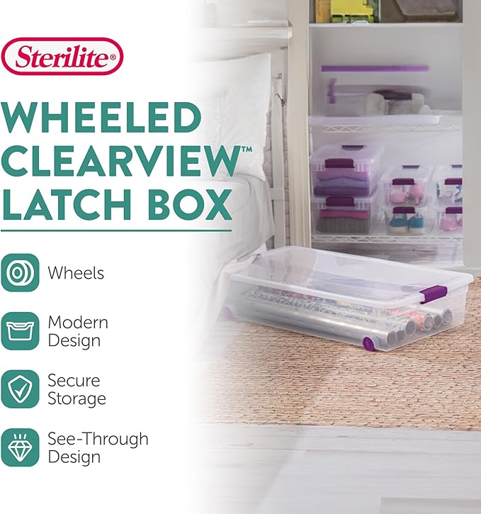 Sterilite 60 Qt ClearView Latch Wheeled Underbed Storage Box, Stackable Bin with Lid, Plastic Container to Organize Underbed, Clear Base, Lid Sweet Plum (Pack of 4)