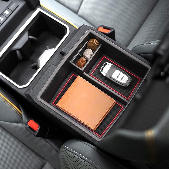 2024 2025 2026 Tacoma Center Console Organizer for Toyota Tacoma (All Trims), Durable ABS Plastic&Anti-slip Rubber Console Tray Glove Insert 2026 2025 Tacoma Accessories (with Red Mats)