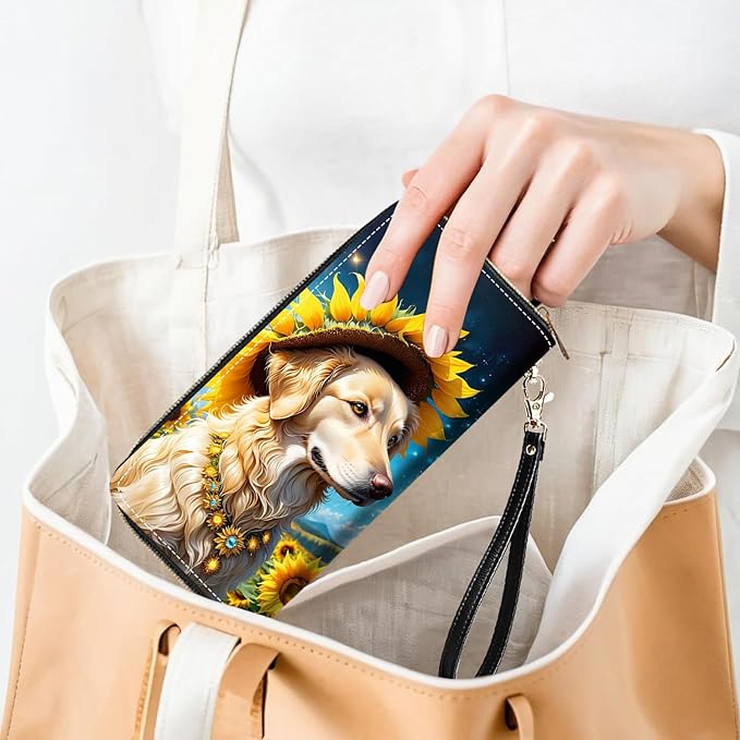 Cute Dog and Sunflower Print Women Large Capacity PU Leather Zip Around Wallet, Multifunctional Clutch Purse for Cash/Card/Coin/Smart Phone