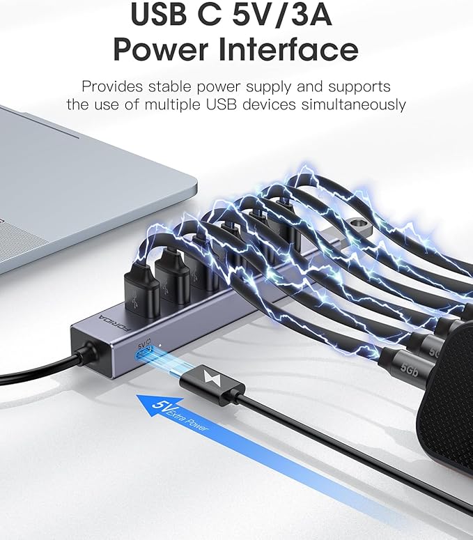 FORIDA Aluminum Alloy 8 Port USB Hub Long Cable USB Splitter with 7-USB3.0 Data Ports and TypeC 5V/3A Power Port Compatible with MacBook, Laptop,Surface Pro, PS5, PC and More (Gray, USB A-47in)
