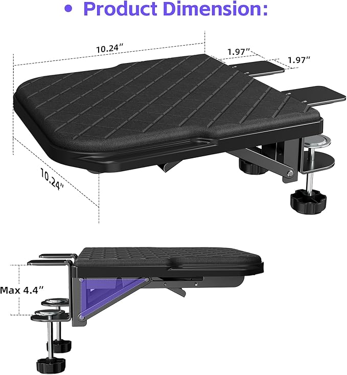 Arm Rest for Desk, 90°Foldable Computer Wrist Rest Shelf with Sponge Padding, Clamp on Arm Support, Ergonomic Sturdy Desk Extender for Office & Home, Durable & Easy to Install (All Black)