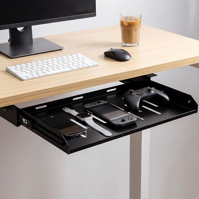 Under Desk Laptop Drawer with Air Vents, 16.3" x 12" Metal Pull Out Sliding Track, Under-Desktop Storage for Laptop & Accessories