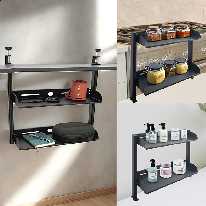 ShinJu Clamp on Desk Shelf for Top of Desk 2 Tier Above or Under Desk Storage Gaming Desk Organizers and Accessories Metal Storage Shelves for Office Standing Desk Accessories Under Desk Bookshelf