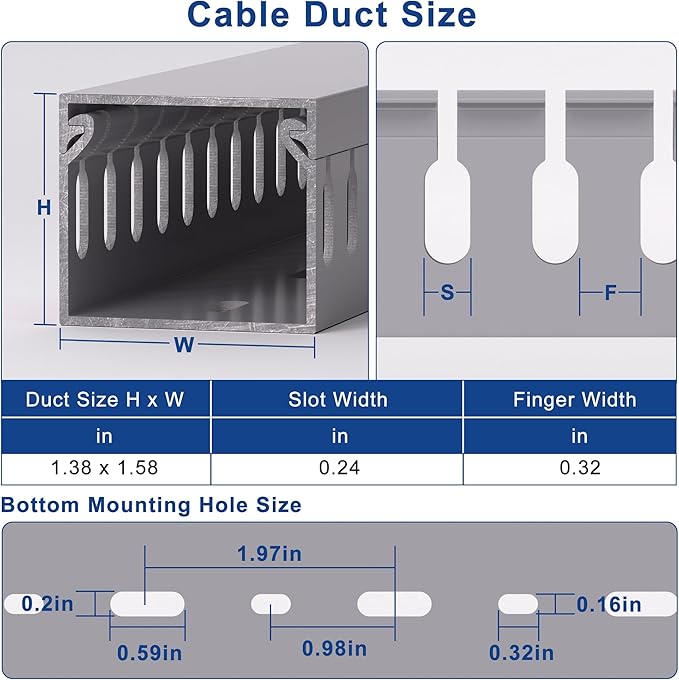 ZhiYo H1.4 W1.6 in Server Rack Cable Management Raceway, 144in (4X L36in) Cable Raceway Kit, Electrically Safe PVC Open Slot Wire Cord Hider for Under Desk/Computer/Network Cords, Gray