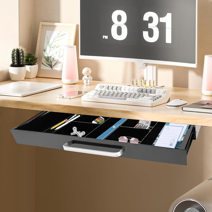 Under Desk Pull-out Drawer with Adjustable Divider for Storing Pencil and Office Accessories Under Desk Mounted Tray Organizer for Sit Stand Workstation, 21.5x10.2x2.1in