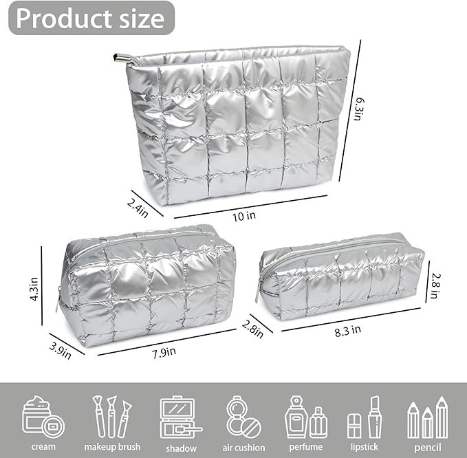 3Pcs Puffer Quilted Makeup Bag Travel Cosmetic Bag Set Portable Puffy Checkered Toiletry Pouch Skincare Organizer Purse Pencil Case (Silver)