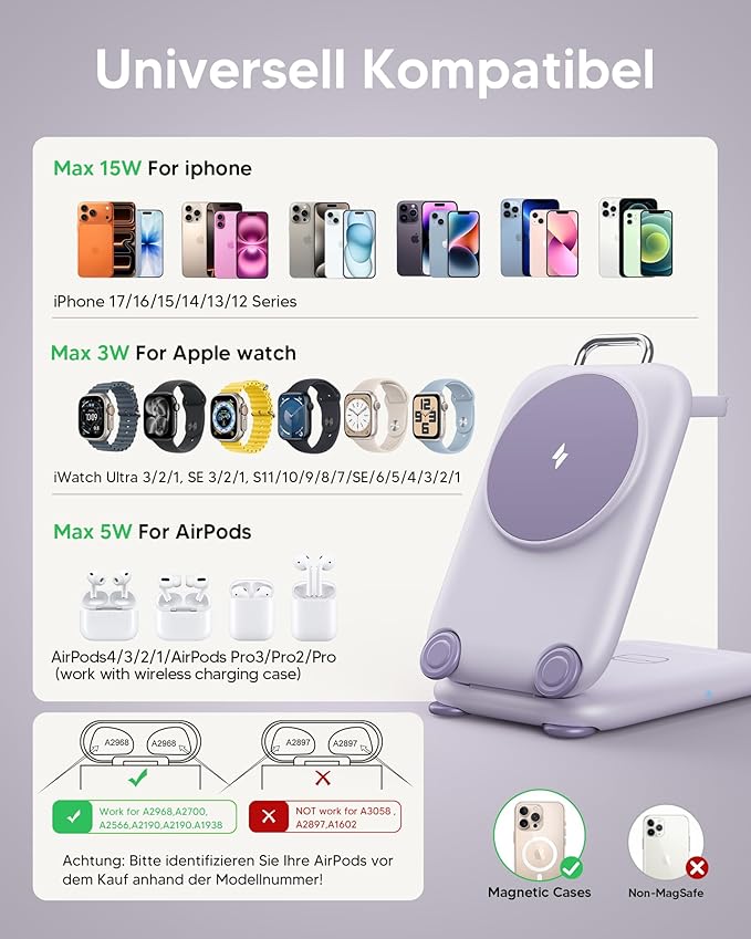 PaktVault 2025 Traveling Fast Wireless Charging Station for Apple Devices, Magnetic 3 in 1 MagSafe Charger Stand for iPhone 17 16 15 14 13 12 Pro Max Plus Air, Apple Watch&Air pods Pro, PU