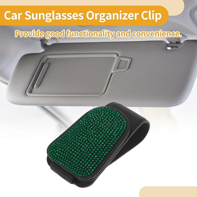 Motoforti Car Sunglasses Clip Magnetic Universal Sun Visor Eyeglasses Holder Clip PU Leather,Rhinestones Green 8.5x5cm 1 Pcs