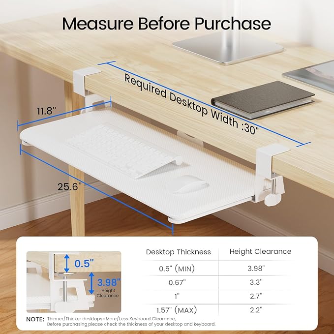 NearHub Large Keyboard Tray Under Desk Slide Out with Extra Sturdy C Clamp Mount System,26'' (30'' including Clamps) x11 Slide-Out Keyboard Drawer Under Desk for Typing,Keyboard Mouse Tray,White