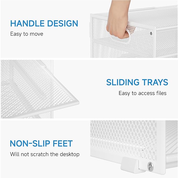Lavatino 3-Tier Letter Tray Desk Organizer, Mesh Metal Paper File Tray Organizer for Desk, Office Supplies & Home Organization, Fits A4 Paper, Mail, Magazines & Office Accessories (White with Handle)