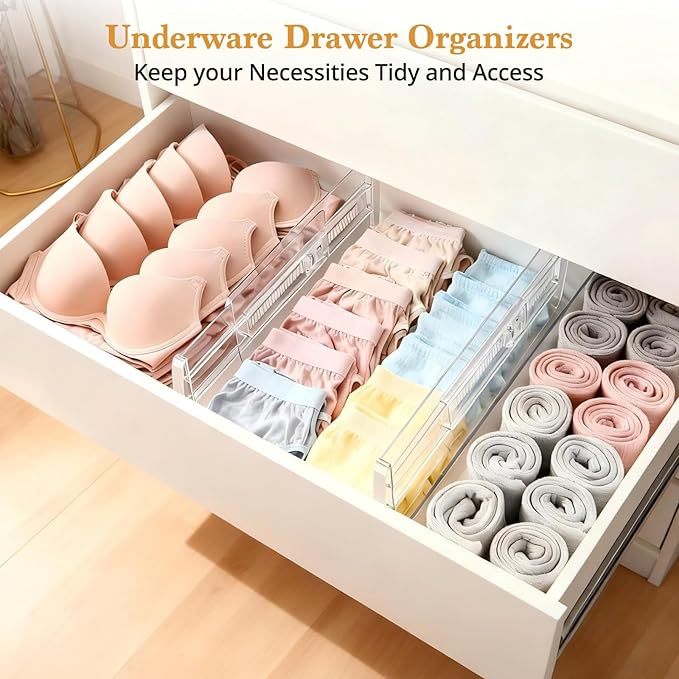 6 Pack Drawer Dividers for Clothes, 4" High 10.6"-16.9" Adjustable Drawer Dividers Expandable Dresser Drawer Organizer, Clear Drawer Separators for Clothes, Underwear, Cosmetic, Kitchen Utensils