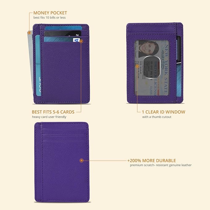 Real Leather Slim Minimalist Wallet for Men and Women -RFID Blocking Front Pocket Thin Credit Card Holder Stylish Wallets (Purple)