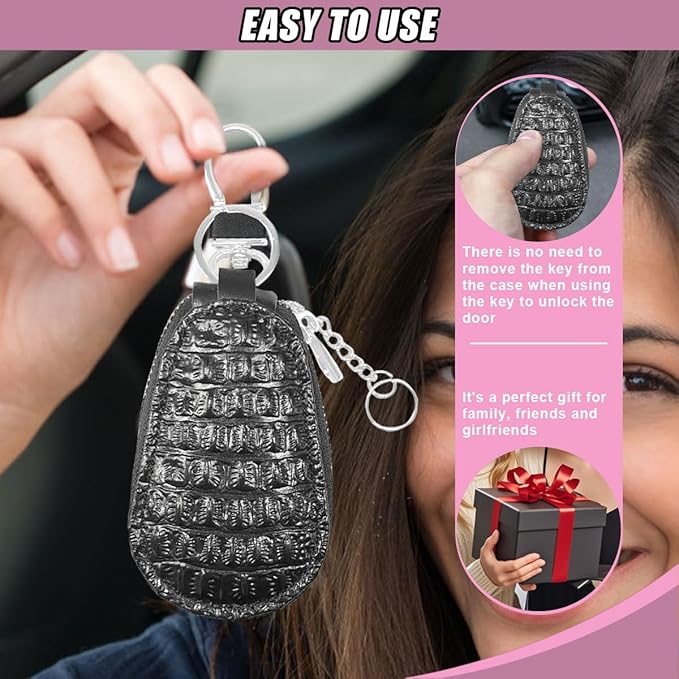 Leather Car Keychain Case Holder - Keyring Zipper Bag Auto Key Fob Cover Case with Metal Hook - Car Key Case Smart Key Fob Protector for Remote Key Fob (Black)