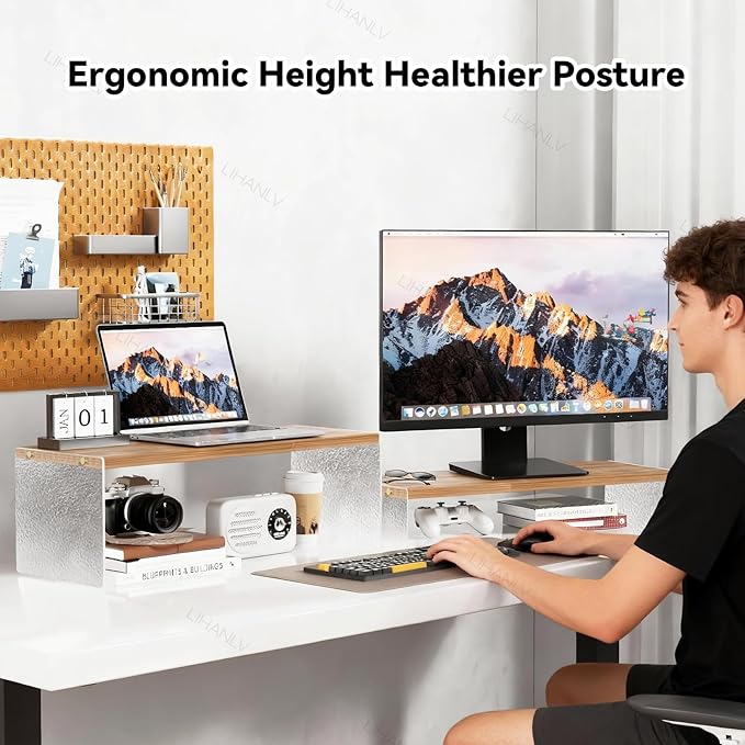 Adjustable Monitor Stand Riser with Acrylic Legs丨7.67" Wide Dual Monitor Stand for Desk丨2-Tier Wood Desktop Organizer for Computer, Laptop, Printer & PC丨Modern Aesthetic Desk Shelf(wood-glacial striae)