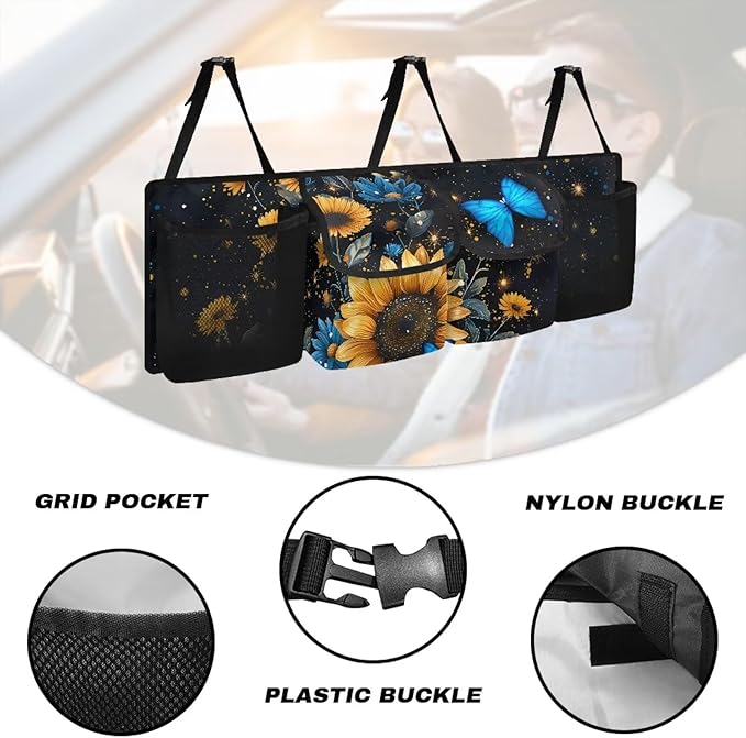 Sunflower Car Trunk Organizer,Large Capacity Car Storage Organizer,Butterfly Design Hanging Foldable Storage Vehicle Interior Accessories Universal Fit Not Easy to Fade