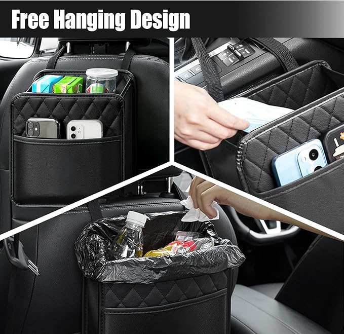 Foldable Car Seat Back Organizer, Large Capacity Hanging Car Backseat Storage Bag with Cup Holders, PU Leather Waterproof Car Trash Bag Can, Car Travel Accessories for Most Vehicles (2PCS)