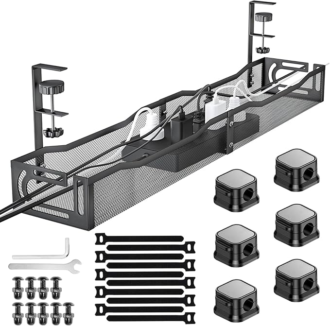 No Drill Under Desk Cable Management Tray, SONATURE 25.3" Cord Organizer for Table, Clamp Mount Desk Cable Management, Premium Carbon Steel Cable Organizer for Office, Home (Black)