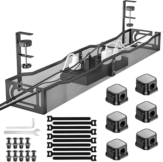 No Drill Under Desk Cable Management Tray, SONATURE 25.3" Cord Organizer for Table, Clamp Mount Desk Cable Management, Premium Carbon Steel Cable Organizer for Office, Home (Black)