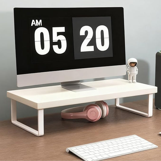Stable Wood Computer Monitor Stand for Desk Organizer, Anti-slip Computer Riser Monitor Shelf for PC Laptop Notebook Home & Office (White)