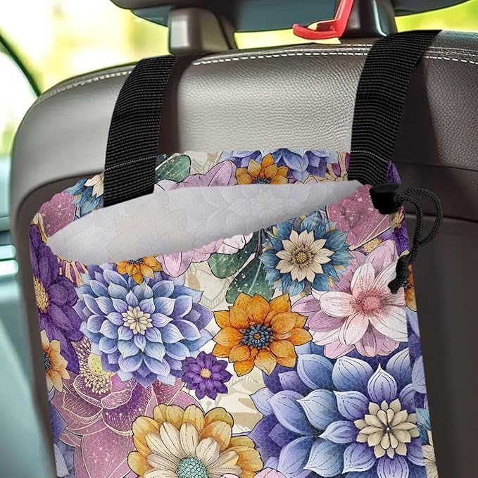 Car Trash Bag Hanging Back of Seat Waterproof Small Cute Printed One-Handed Strap Drawstring Garbage Bags for Car-Purple Boho Floral