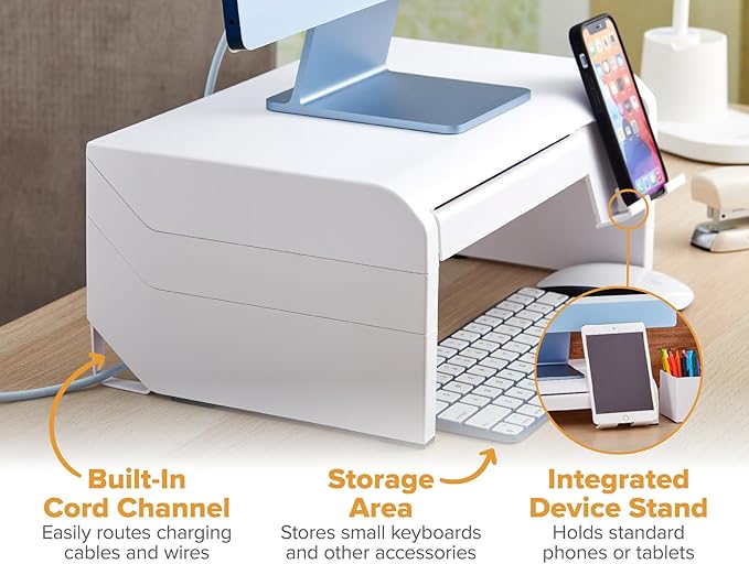 Bostitch Konnect Adjustable Monitor Riser with Drawer & Cell Phone Holder, Laptop Stand for Desk, 4 Height Levels, Cable Management & Rubber Feet
