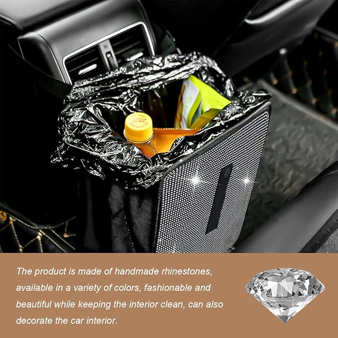 Car Trash Can, Bling Rhinestone Crystal Waterproof Hanging Garbage Bag for Car Interior, Oxford Leakproof Foldable Waste Organizer Trash Bin Universal for Most Vehicles (White)