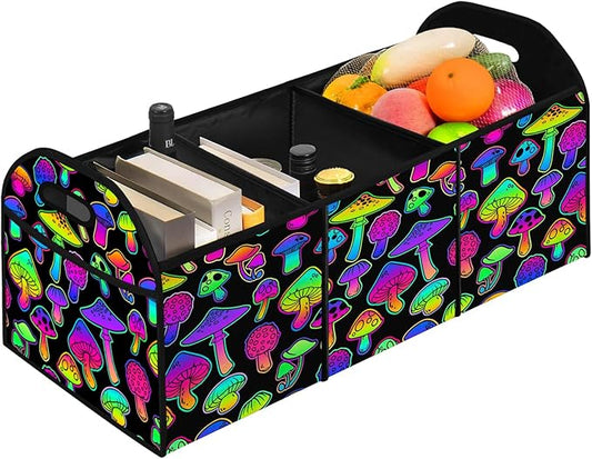 Trippy Mushroom Pattern SUV Car Trunk Organizer Accessories 50L Collapsible Car Storage Bag 3 Compartment Caddy Waterproof Foldable