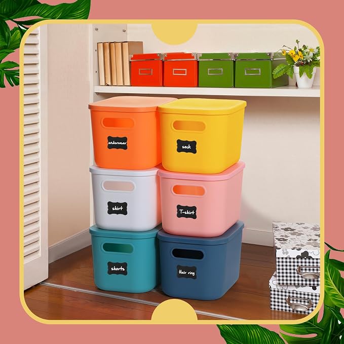 Thyle 24 Pack Classic Colorful Plastic Storage Bins with Lids 7 Quart Toy Storage Box Stackable Nestable Organizer Boxes with Handle and Labels for Classroom Shelf Bedroom Desktop Toys School Supplies