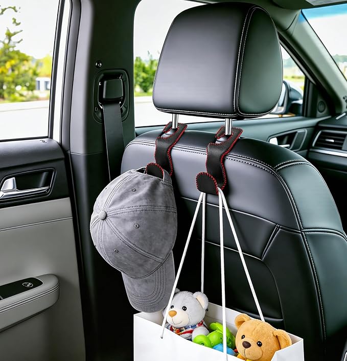 Car Seat Hooks for Purses and Bags, 2 Pack Car Purse Holder for Grocery Bag Handbag Clothes, Metal Headrest Hooks Covered by Leather, Black Red