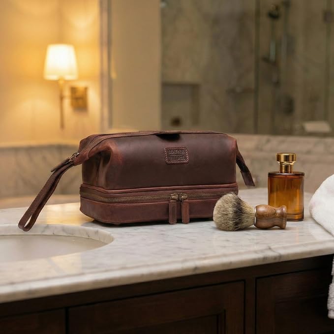 LEATHER VILLAGE Genuine Leather Dopp Kit – Large Travel Toiletry Bag with Waterproof Lining, Dual-Zip Design for Men & Women, Organizer for Shaving, Makeup & Essentials - Cherry
