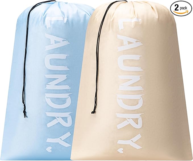 2 Pack XL Travel Laundry Bag, Machine Washable Dirty Clothes Organizer with Drawstring,Large Enough to Hold 4 Loads of Laundry, Easy Fit a Laundry Hamper or Basket Travel Essentials 24" x 36"