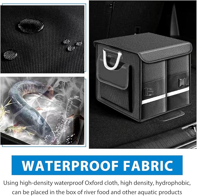 Car Trunk Organizer With Lid, 28L Collapsible Waterproof Oxford Fabric Trunk Organizer with Aluminum Handle, Portable 2-Compartment Cargo Storage Box for SUV, Truck, Sedan (Gray)