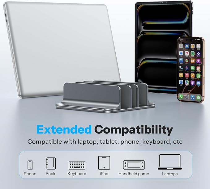 OMOTON Vertical Laptop Stand [Updated 3-Solts Version], Desktop Aluminum Mac Book Stand with Adjustable Dock Size, Fits All Mac Book, Surface, Chrome Book and Gaming Laptops (Up to 17.3 inch), Grey