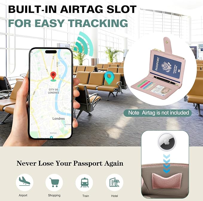 Passport Holder for Travel, Leather Passport Wallet with Airtag Slot, RFID Blocking Travel Wallet for Women Men, Passport Cover with Air Ticket Card Cash Coin Pocket, Travel Essentials Gift