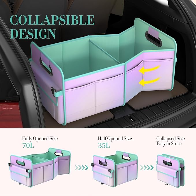titiyiof Trunk Organizer For Suv&Sedan,Car Organizers&Storage, Waterproof Collapsible & Adjustable Straps,70L Sturdy Car Organization for Car Accessories,Tools,Sundries,2-3Compartment(Colorful Green)