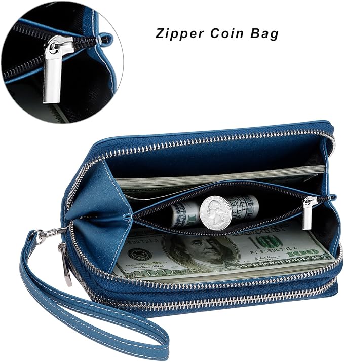 Cellphone Wallet for Women Dual Zipper Long Purse with Removable Wristlet