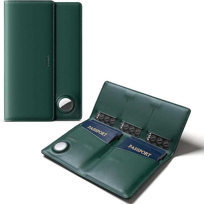 VULKIT Family Passport Holder for 4 Leather Passport Wallet with Airtag Slot Multiple Passport Holder RFID Blocking Bifold Travel Documents Organizer