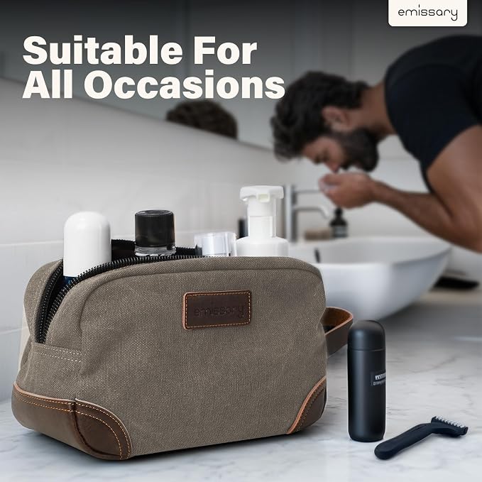 emissary Men's Canvas Travel Toiletry Bag, Leather Dopp Kit - Light Gray | Durable canvas & PU leather, water-resistant lining, side handle; roomy men's Dopp kit for travel & gym