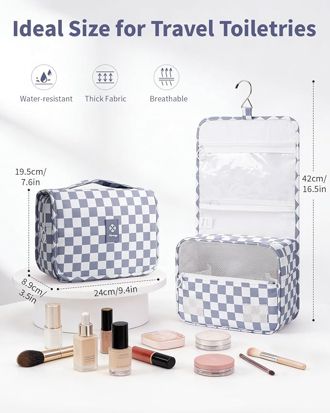 Narwey Small Hanging Travel Toiletry Bag for Traveling Women, Checkered Travel Bag for Toiletries, Makeup Bag Organizer Make Up Cosmetic Bags, Gifts for Kids Teen Girls (Grayish Blue Checkerboard)