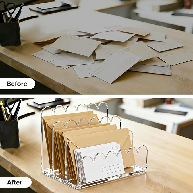 Acrylic Scalloped Mail Organizer, 3 Compartments Desktop Letter Holder, Vertical File Sorter, Desk Organizer for Letters, Envelopes, Bills and Stationery