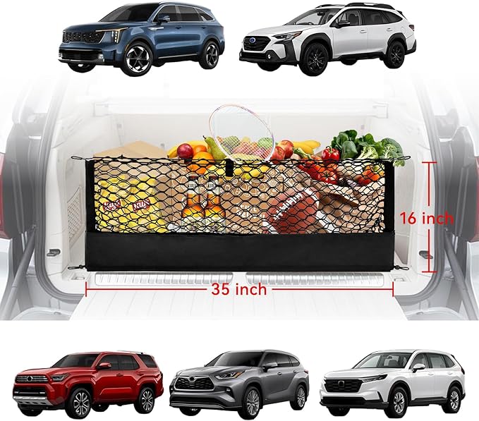 Universal Envelope Cargo Net for SUV Trunk Car, High Elastic with Bottom Storage Organizer & Hooks 35.4" x 15.7"