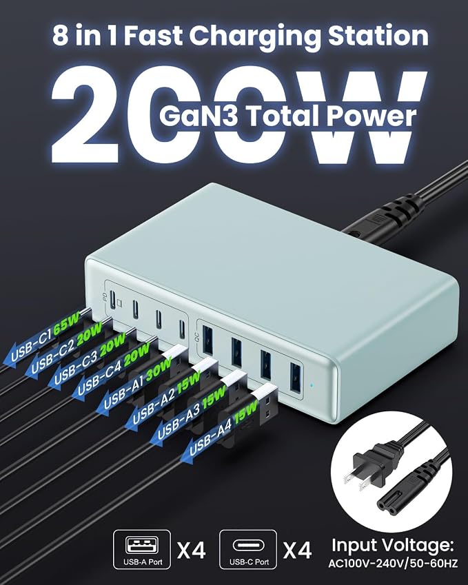 USB C Charger 200W USB C Charger Block,Upgraded GaN III 8-Port Fast Charging Station Hub,PD 65W Laptop Charging Adapter Compatible with MacBook Pro/Air,DELL,Steam Deck,iPhone 16/15/14,Galaxy S23/22
